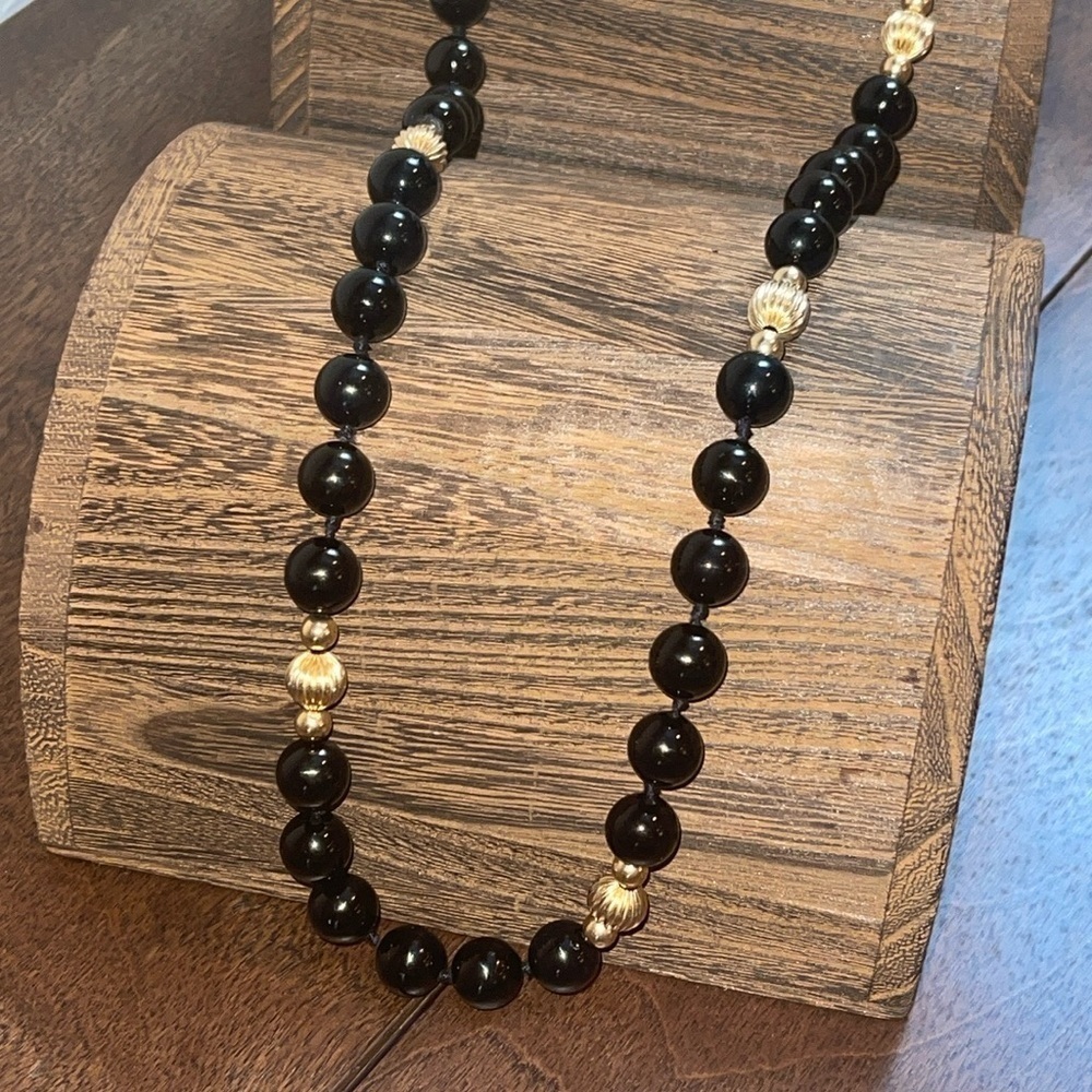 14KT Yellow Gold Beaded Station Black Onyx Beaded Necklace 34” Length